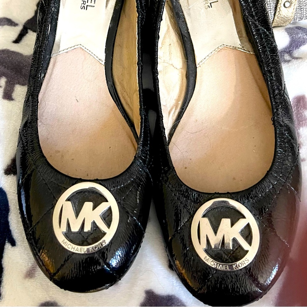 Michael Kors Womens Black Patent Leather Quilted Fulton Ballet Flats Shoes Sz 8M
